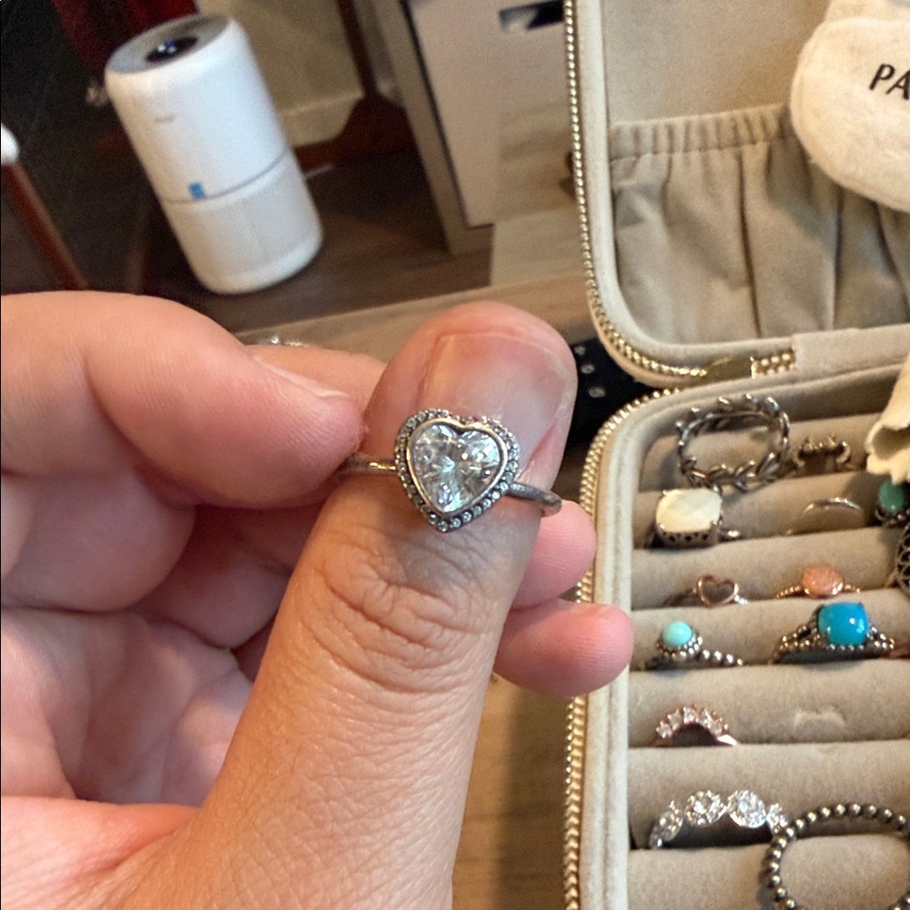 Silver Heart Halo Ring with Clear Stone - Women's Jewelry size 56